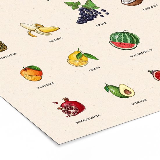 Détail d'une affiche avec des illustrations d'ananas, de banane, de mandarine, de citron, de grenade et d'avocat dans un cadre.