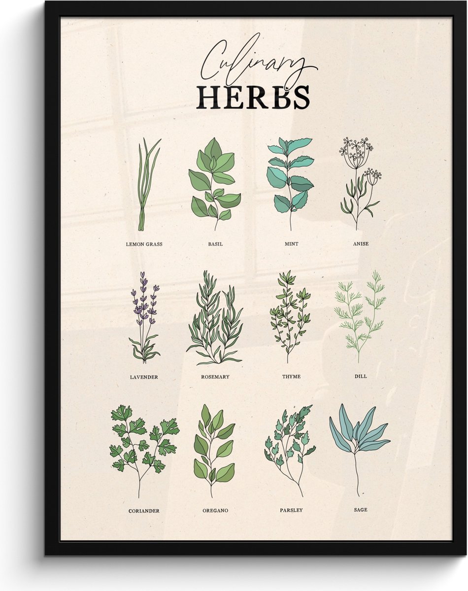 FrameYourWall Fotolijst inclusief poster - Posterlijst 60x80 cm - Posters - Kruiden - Planten - Herbs - Groen - Vintage - Foto in lijst - Keuken decoratie muur - Wanddecoratie accessoires - Muurdecoratie - Schilderijen Kruiden - Overzicht