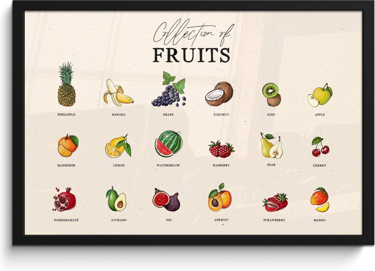 FrameYourWall Fotolijst inclusief poster - Posterlijst 60x40 cm - Posters - Fruit soorten - Kleurrijk - Eten - Vintage - Foto in lijst - Keuken decoratie muur - Wanddecoratie accessoires - Muurdecoratie - Schilderijen Fruit - Overzicht