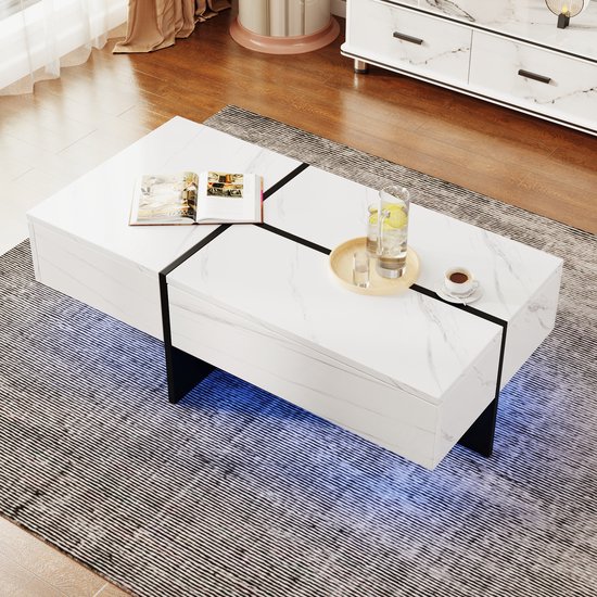 Hoogglanzende rechthoekige Roffee-tafel - Wit imitatiemarmer en zwart lijnontwerp - 100 * 50 * 34,5 cm - met app-gestuurd LED-verlichtingssysteem