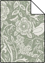 Echantillon ESTAhome papier peint fleurs et oiseaux vert grisâtre - 139293 - 26,5 x 21 cm