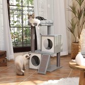 Moderne houten krabpaal 93 cm kattenboom sisal kattenkrabpaal kittenmeubels met kattenhol speelhuis kattenspeelgoed grijs