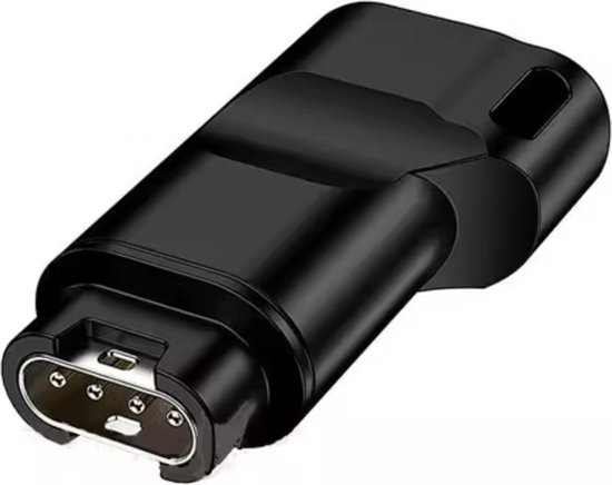 Zwarte adapter met 4-pins connector voor Garmin smartwatches.