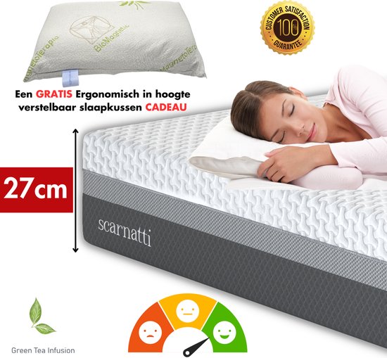 Comfort Matrassen 27cm - extra dik - 140 x 200 cm - Bamboe Matras Koudschuim / Traagschuim - 2in1 - CoolGel - 7 zone - Groene Thee - Nasa met kussen