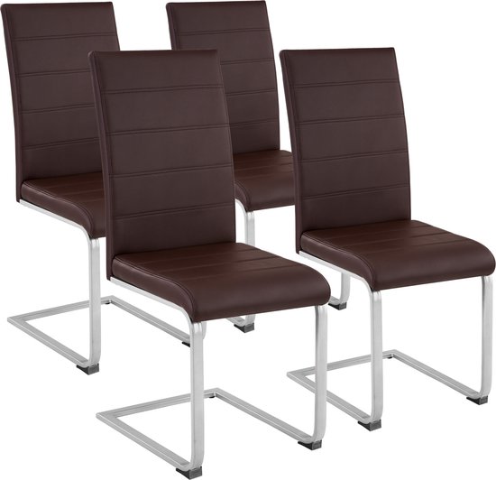 tectake® - Eetkamerstoel set van 4 - Kunstleren stoel met ergonomische rugleuning - Buisframe sledestoel - bruin