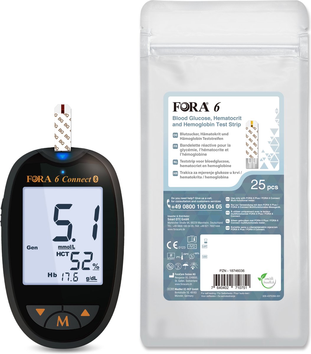 Goedkoopste Fora 6 Connect - 6-in-1 - 3-1 bloedglucose, hematocriet en hemoglobine startpakket (glucose, cholesterol, urinezuur, ketonen, hematocriet & hemoglobine), incl. 10 Fora 6 3-1 bloedglucose, hematocriet en hemoglobine zelftest teststrips