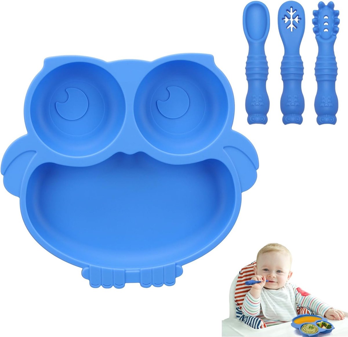 Uil Siliconen Zuigbord voor Baby, Peuter Bestek met 3 Lepel Vork Anti-Slip Afwenborden Voedingsgescheiden Borden Set voor Kinderstoel Dienblad (Blauw)