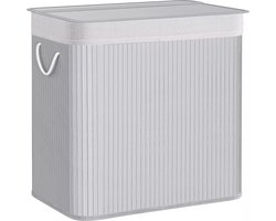 In And OutdoorMatch Wasmand Shayna - Wasmand - Bamboe Wasmand - met Handgrepen - 3 Compartimenten - Deksel met Clips - 150L Opvouwbaar - Wasruimte - Slaapkamer - Badkamer - Wit