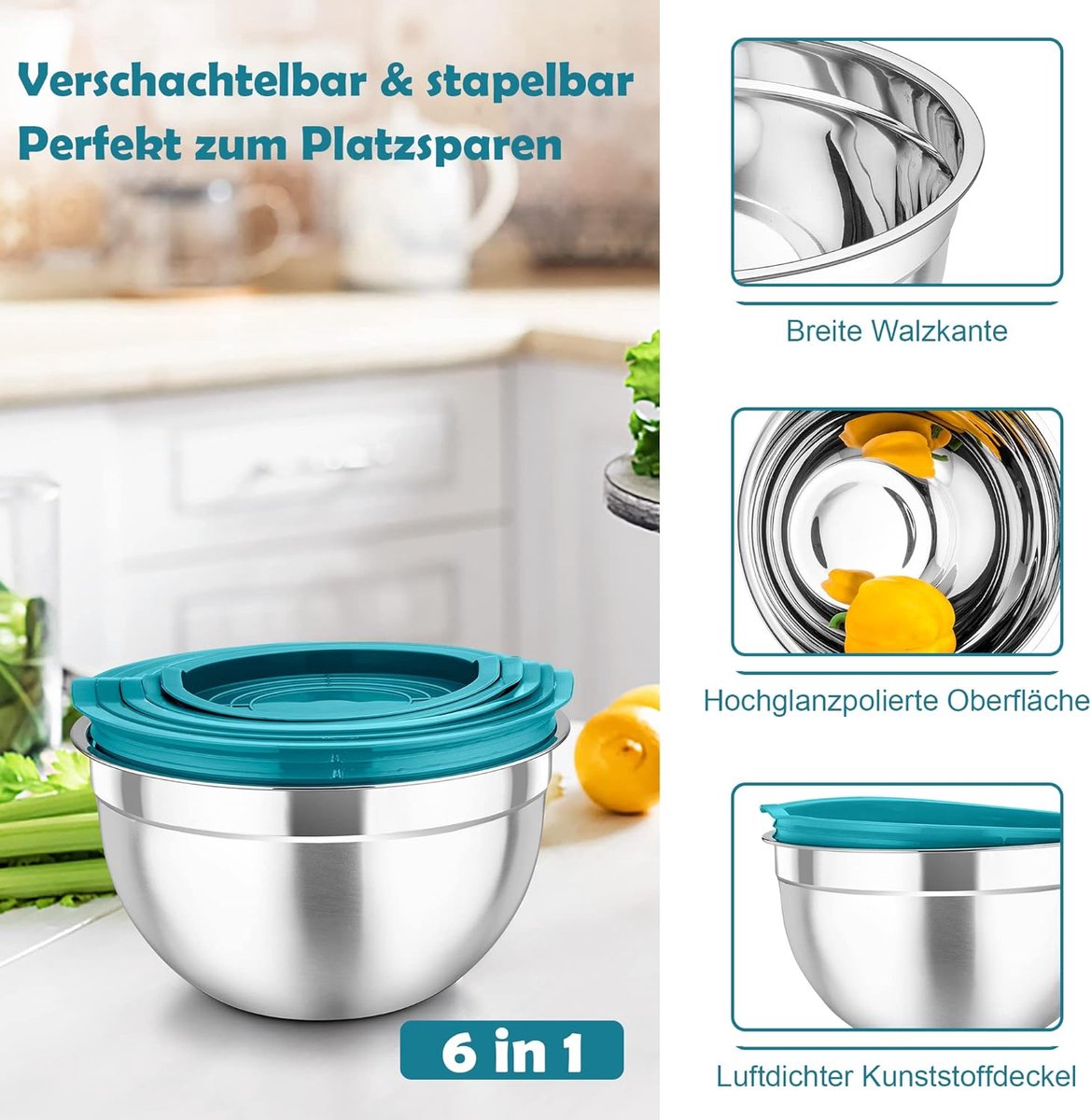 Lot De 6 Bols En Acier Inoxydable 304 - 1,2 Litres - Empilables - Avec Marques De Mesure - Passe Au Lave-Vaisselle