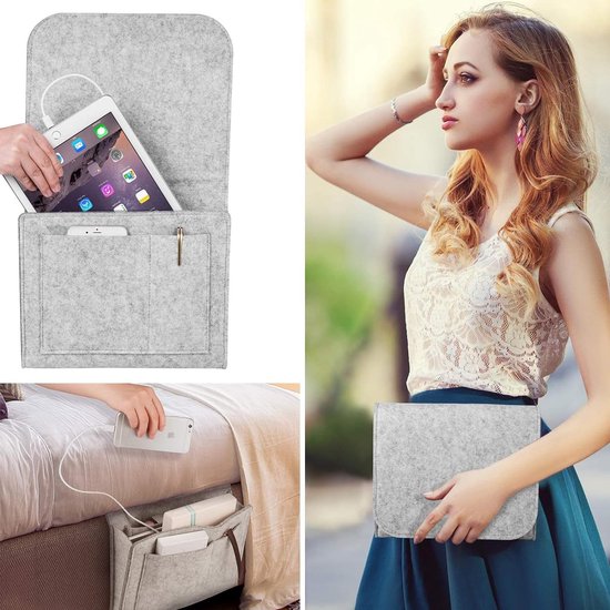 Mlysnd 2 stuks nachtkastje organizer bed zak nachtkastje opknoping tas, nachtkastje vilten opbergtas voor mobiele telefoon, iPad, afstandsbediening, boeken, brillen, tijdschriften - beige 32 x 21 cm