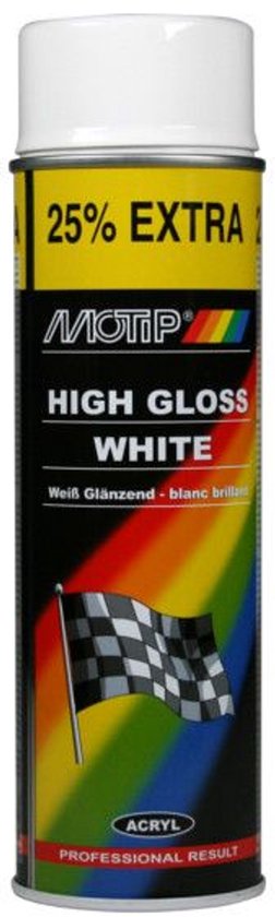 Motip spuitbus Acryl Hoogglans Wit. Met 25% extra inhoud en een racevlag design. Professioneel resultaat.
