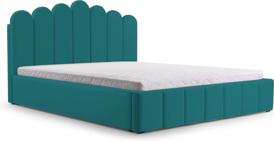 Tweepersoonsbed met fluwelen bekleding, met hoofdeinde, lattenbodem, bed voor volwassenen - BETT 03 - 140x200 - Oceaanblauw (TRINITY 29)