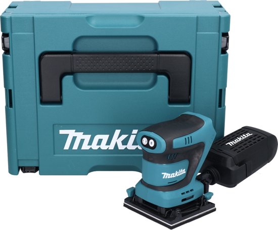 Turquoise Makita schuurmachine met stofopvangbak en turquoise Makita opbergkoffer.