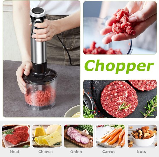 Professionele 4-In-1 Staafmixer Elektrisch - 1000W - Traploze Snelheden - Roestvrij Staal - Inclusief Garde, 500ml Hakbeker En 700ml Maatbeker - Ideaal Voor Babyvoeding En Meer - Zwart — afbeelding 2
