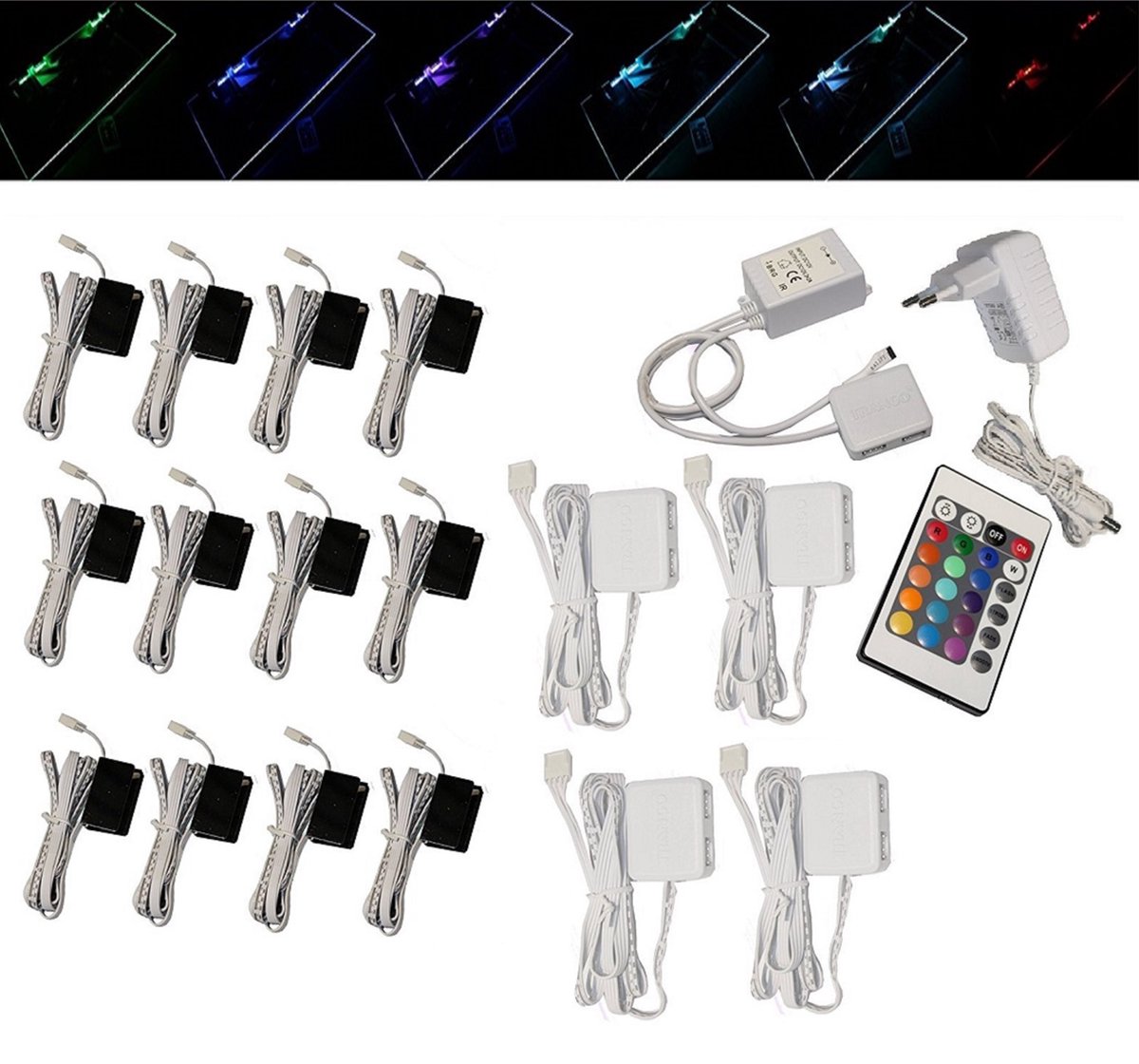 Trango Set van 12 RGB Kleur Veranderende LED Glazen Randverlichting 5022-12 incl. Afstandsbediening Kastverlichting I Glazen Vloerverlichting I Vitrine Verlichting I LED Clips I Meubelverlichting