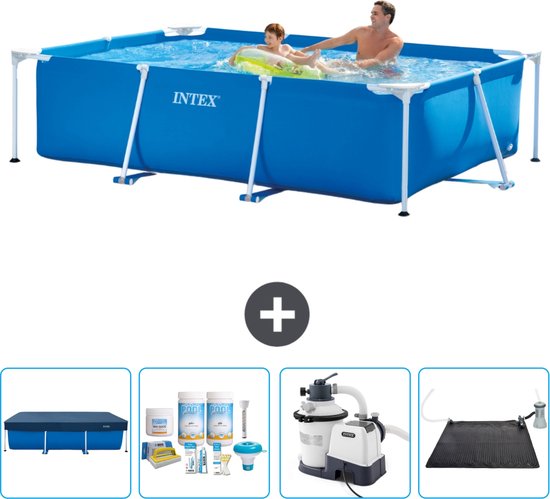 Intex Rechthoekig Frame Zwembad - 260 x 160 x 65 cm - Blauw - Inclusief Afdekzeil - Onderhoudspakket - Zwembadfilterpomp - Solar Mat
