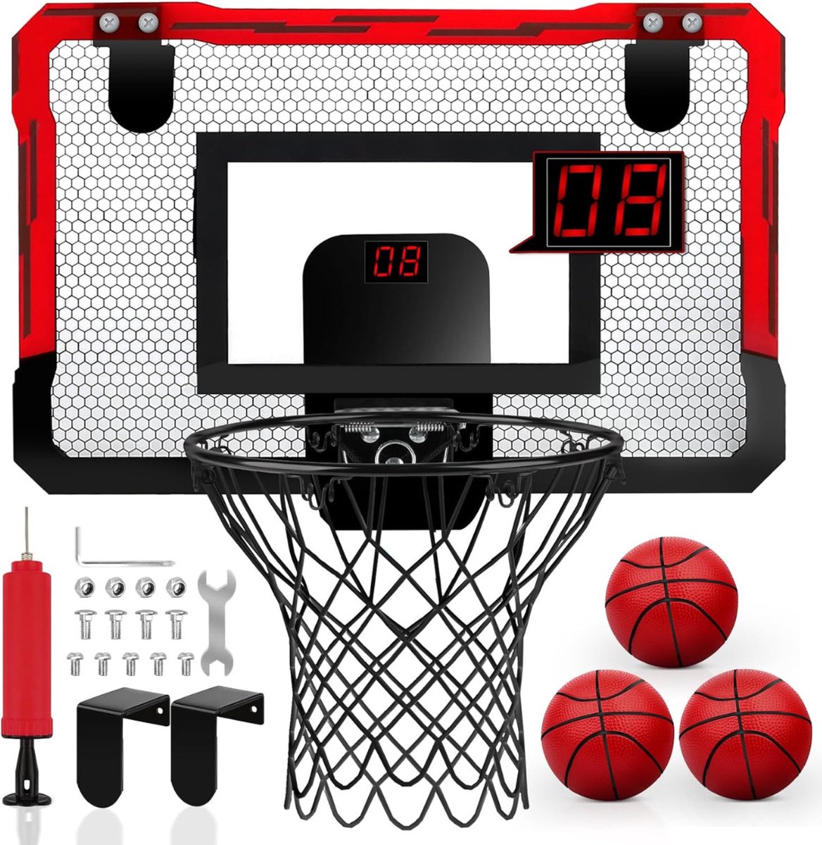 Mini Basketbalkorf voor Kinderen met Elektronisch Scorebord - Inclusief 3 Ballen - Indoor Basketbalset - Rood - Merkloos