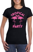 Bellatio Decorations Tropical party T-shirt dames - met glitters - zwart/roze -carnaval/themafeest XL