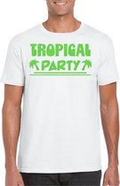 Bellatio Decorations Tropical party T-shirt heren - met glitters - wit/groen - carnaval/themafeest M