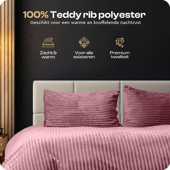 Sleeptime Teddy Rib Dekbedovertrek - 200X200/220 + 2 x kussenslopen 60x70 - Roze — afbeelding 3