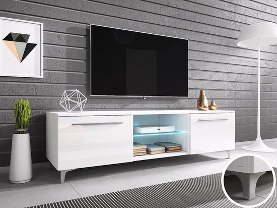 RTV 13W TV-meubel, op poten, breedte 150 cm, LED-verlichting, met planken, wit/wit glans, Maxi Maja