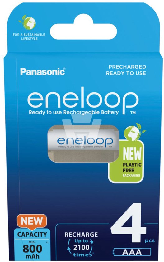 Doos met 4 AAA Panasonic Eneloop oplaadbare batterijen, "Nieuwe plasticvrije verpakking".