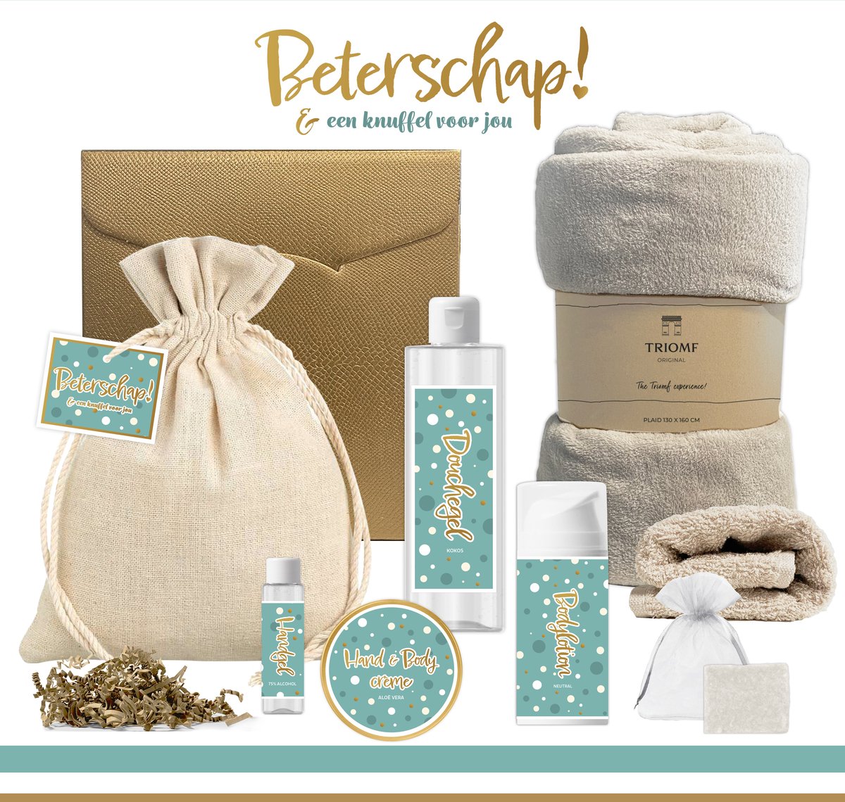 Goedkoopste Geschenkset “Beterschap! en een knuffel voor jou” - 9 producten - 1210 gram | Cadeau Vrouw - Giftset Vrouw-Meisje - Welness Set - Speciaal voor jou - Cadeaupakket - Beterschapscadeau - Opkikkertje - Denk aan jou - Liefs - Goud - Turquoise