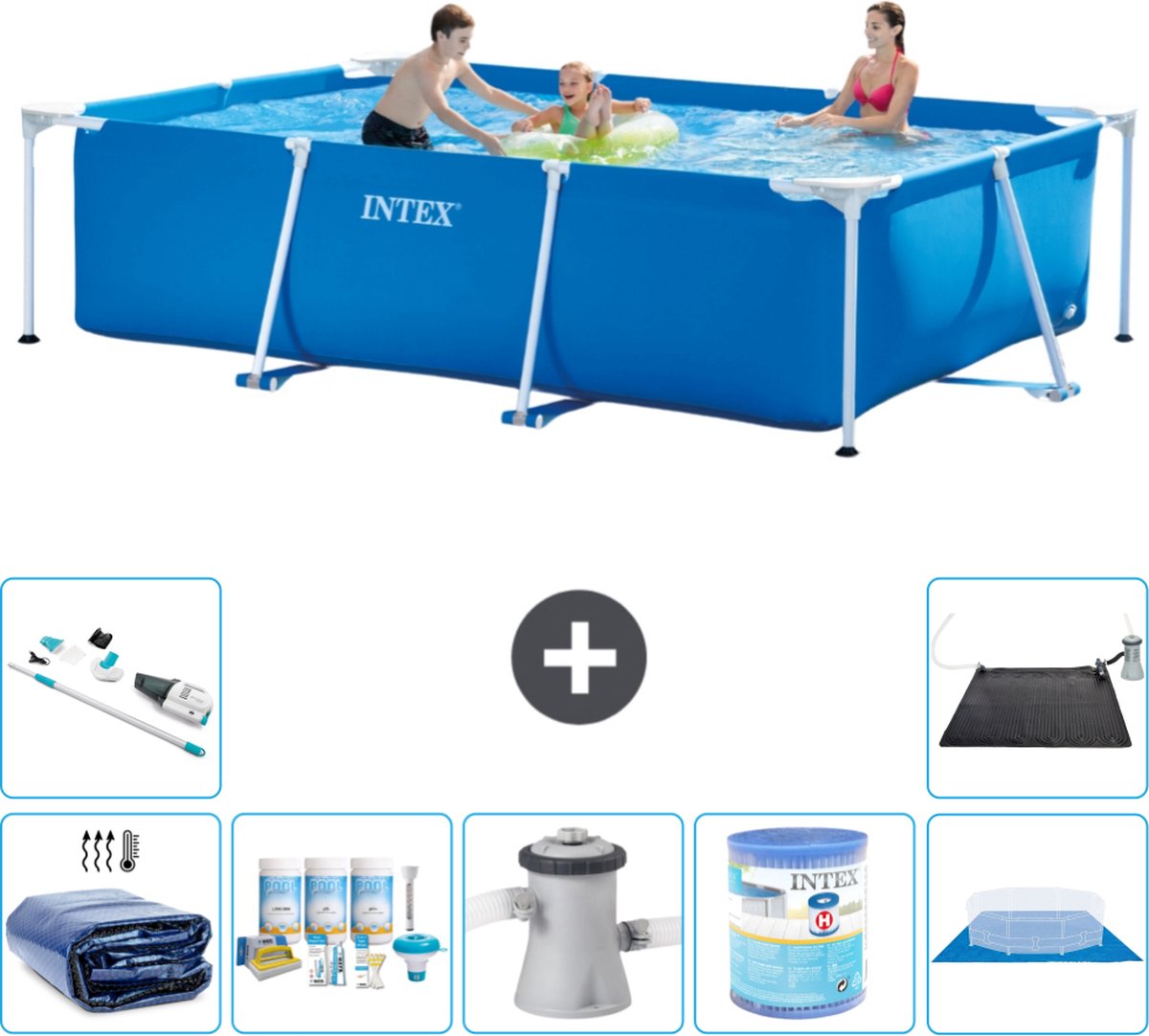 Intex Rechthoekig Frame Zwembad - 300 x 200 x 75 cm - Blauw - Inclusief Solarzeil - Onderhoudspakket - Zwembadfilterpomp - Filter - Grondzeil - Stofzuiger - Solar Mat - 8-delig