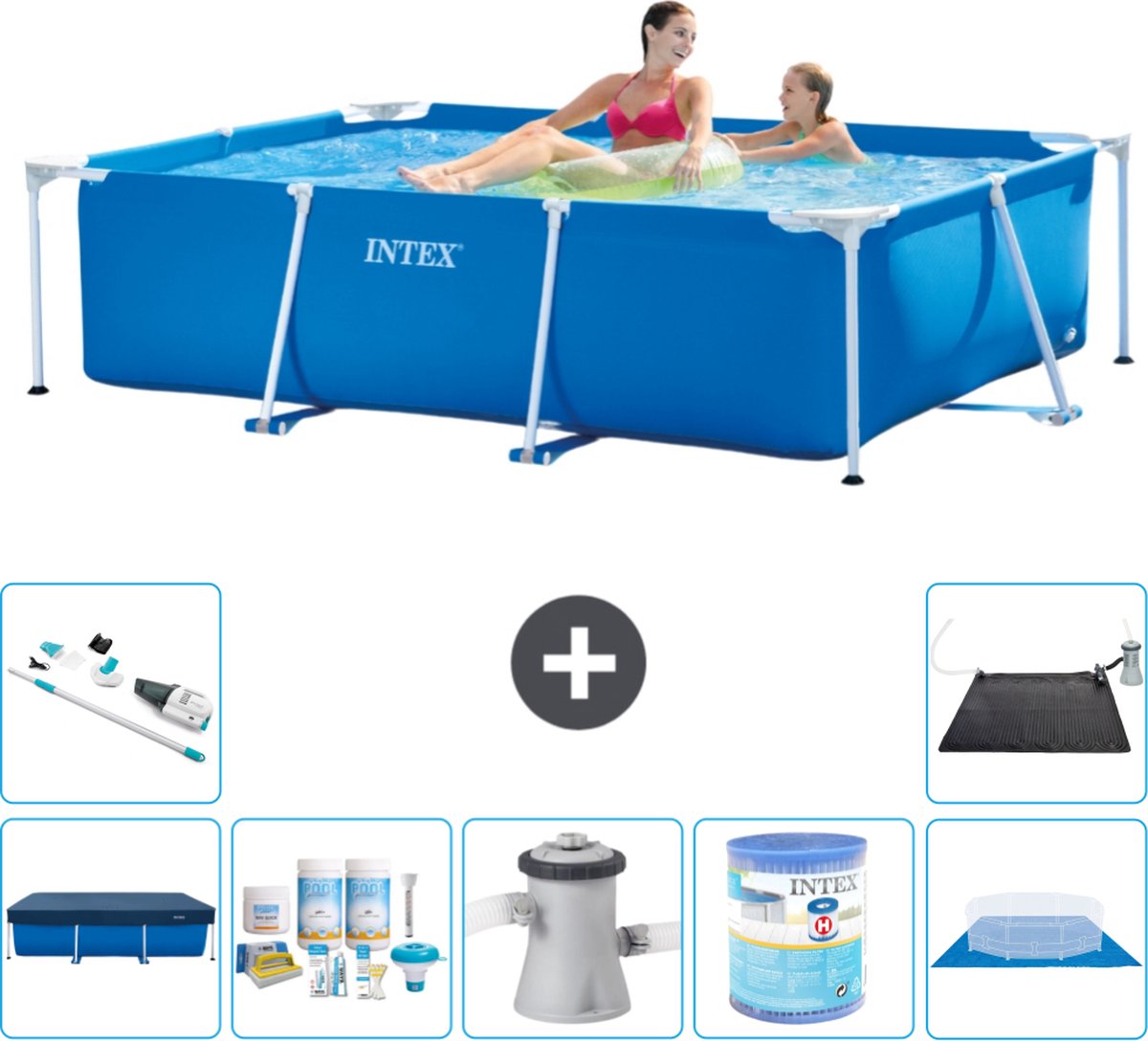 Intex Frame Pool Intex Rechthoekig Frame Zwembad 220 x 150 x 60 cm Blauw Inclusief Afdekzeil Onderhoudspakket Zwembadfilterpomp Filter Grondzeil Stofzuiger Solar Mat