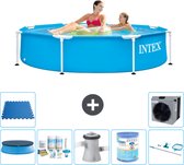 Intex Rond Frame Zwembad - 244 x 51 cm - Blauw - Inclusief Afdekzeil - Onderhoudspakket - Zwembadfilterpomp - Filter - Schoonmaakset - Vloertegels - Warmtepomp