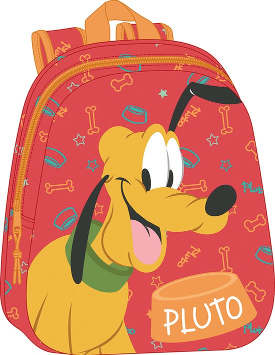 Rode kinderrugzak met 3D-opdruk van Pluto, die vrolijk lach en een voerbak met 'Pluto' erop. Gele accenten.