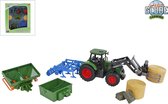 Ensemble de tracteur Kids Globe avec tracteur, pince à balles, balles de foin, charrue, semoir et caisse de chargement 1:24