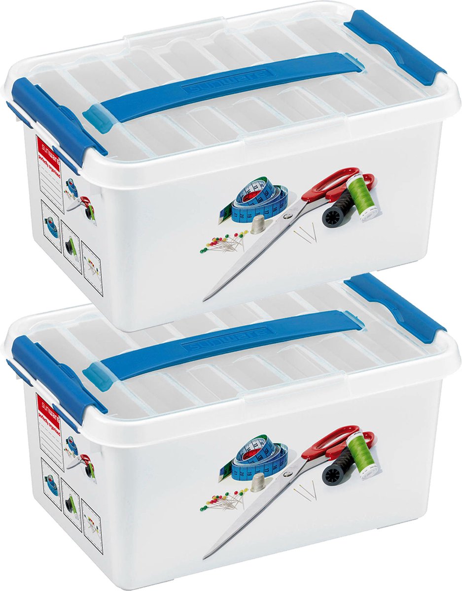 Q- 2x -LINE Opberg box/opbergdoos - met tray - kunststof - 30 x 20 x 14,5 cm - naaidoos