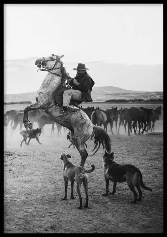 Poster Cowboy zwart-wit - Natuur poster - 30x40 cm - inclusief lijst - WALLLL