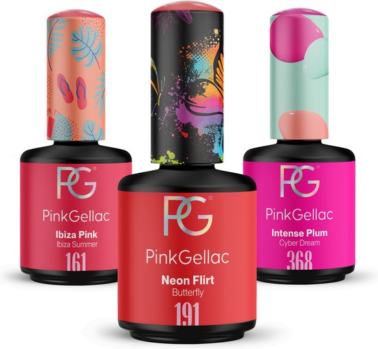 Pink Gellac Gellak Voordeelset met 3 x 15ml Kleuren - 161 Ibiza Pink - 191 Neon Flirt - 368 Intense Plum - Gel Nagellak voor Thuis