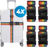 Sangle de valise avec serrure à combinaison et étiquette de valise - 4 pièces - Ajustable - Sangle de bagage - 200 centimètres - Sécurité Extra - Voyages - Multi