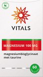 Doosje Vitals Magnesium 100 MG met Taurine, 60 tabletten. Met 100% vegan logo.