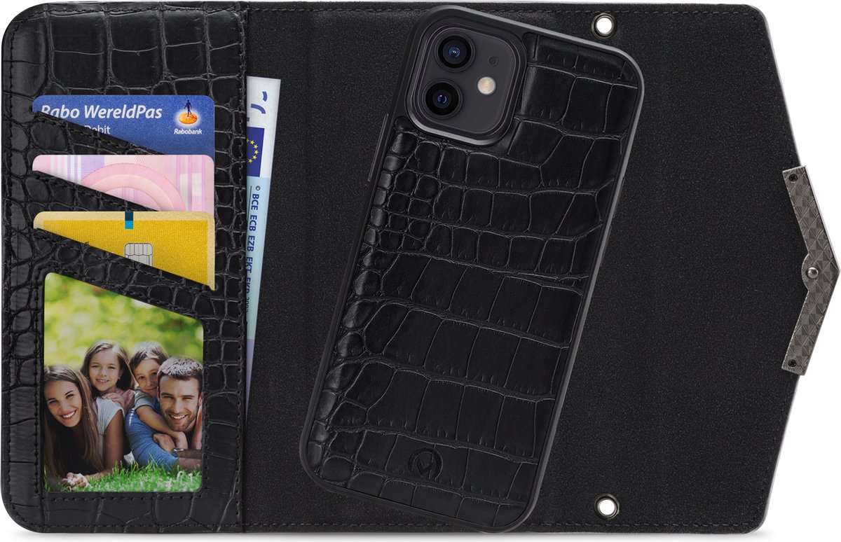 Mobilize Telefoonhoesje geschikt voor Apple iPhone 12 Pro Hoesje | Mobilize Elegant Magnet Uitneembare 2in1 Clutch | Pasjeshouder voor 3 Pasjes | Telefoonhoesje voor Pinpas / OV Kaart / Rijbewijs - Black Croco | Zwart