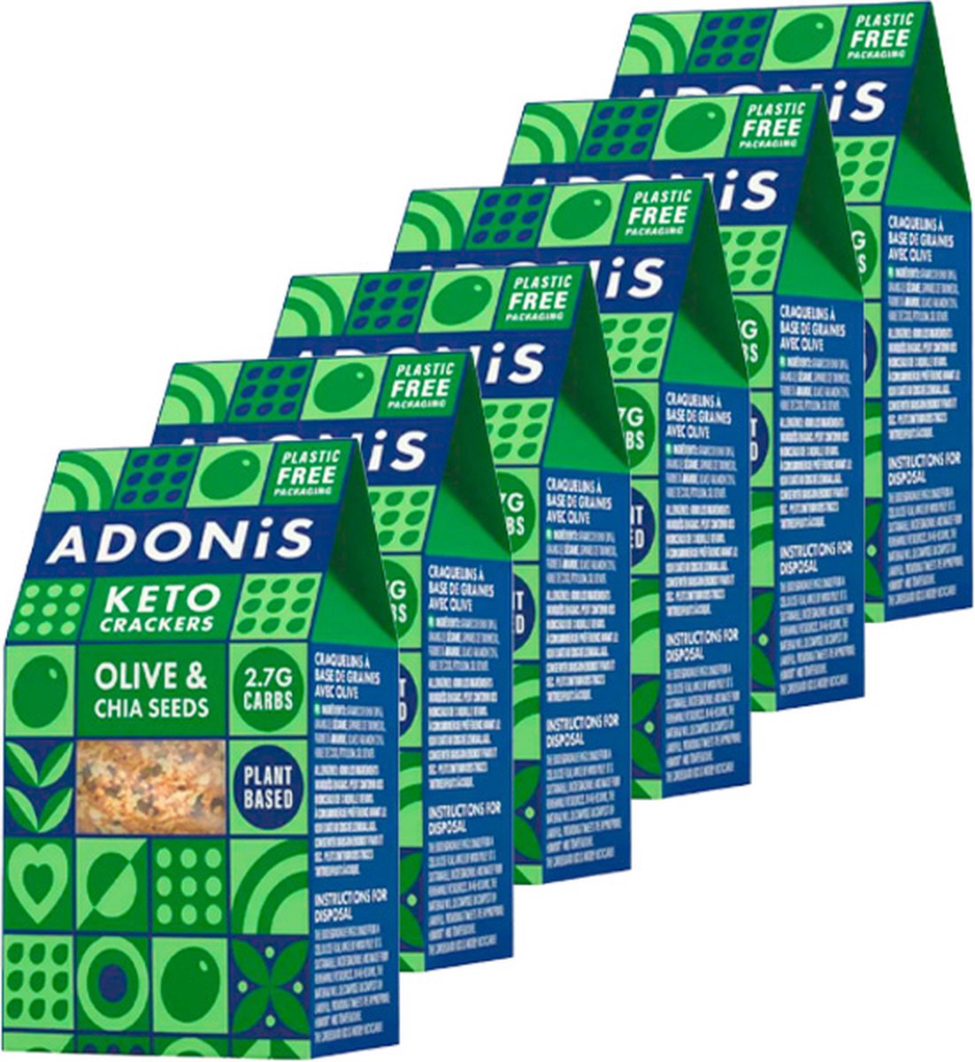 Goedkoopste Adonis | Keto Crackers | Olive & Chia Seeds | 6 stuks | 6 x 60 gram | Eiwitrijke voeding | Koolhydraatarme Crackers