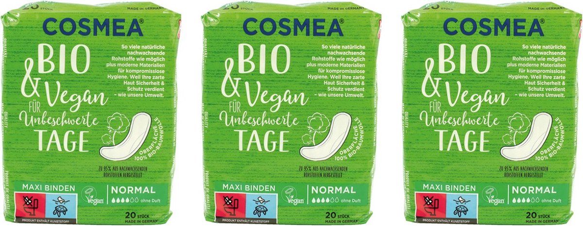 Cosmea® Biologisch Maxi Maandverband Normaal – 3 x 20 Stuks – Vegan – 100% Biologisch Katoen – Extra Comfort