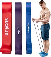 Fitnessbanden 100% latex met opbergtas, set van 3 weerstandsniveaus medium/standaard/zwaar van 10 tot 56 kg, 1040 mm, kracht- en spiertraining (blauw, paars en rood)