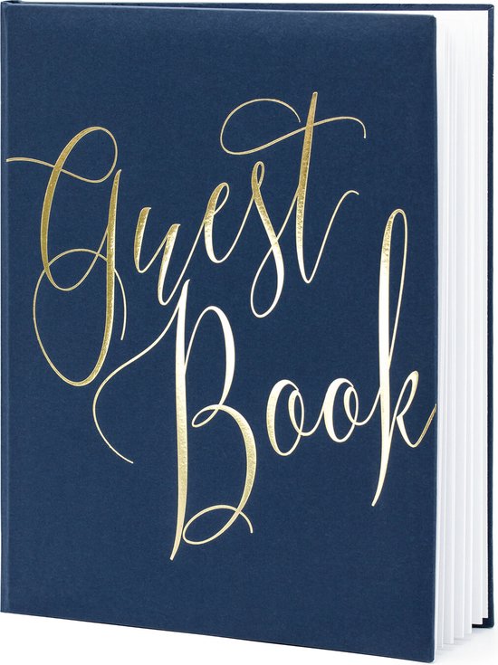Donkerblauw gastenboek met gouden 'Guest Book' tekst in sierlijk handschrift.