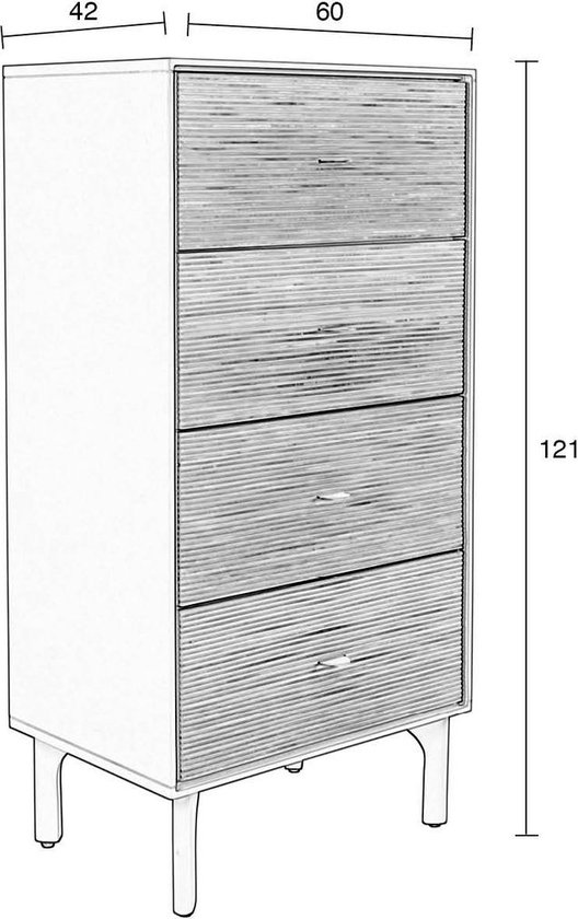 Schematische tekening van een beige ladekast met afmetingen.