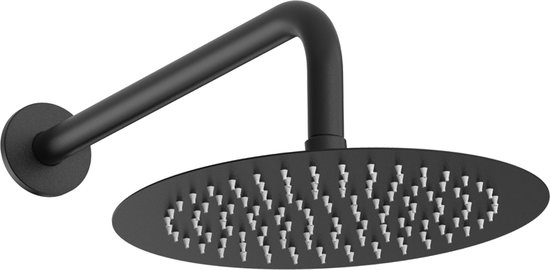 Mat zwarte ronde regendouchekop met gebogen arm.