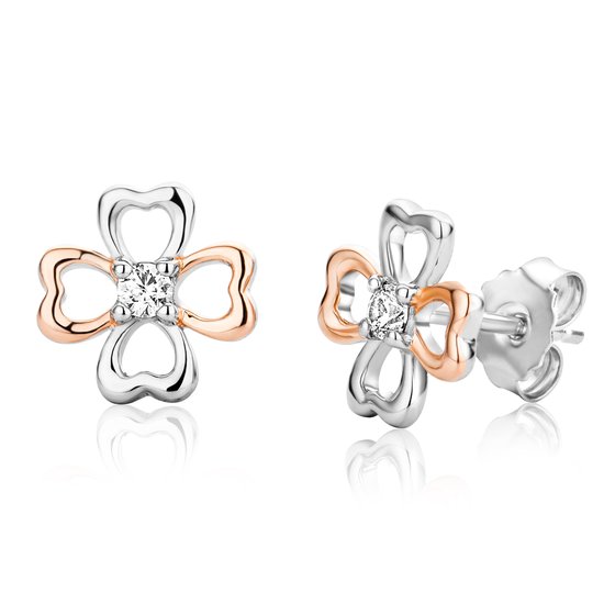 Miore® - Boucles Boucles d'oreilles Trèfle en Or Rose et Argent Ornées de Zircons - Femme - Plaqué Or 18 Goud - Rose - Argent Sterling 925 - Dual - Trèfle - Zircone Cubique - Sans Allergène - Puces - Bijoux Main de Haute Qualité