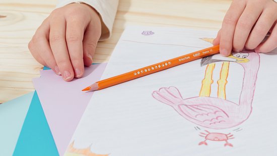 Kind houdt oranje potlood vast boven tekening van flamingo.