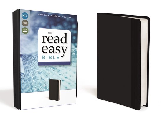 Zwarte Leathersoft NIV ReadEasy Bijbel met grote letters, liggend, rood lettertype.