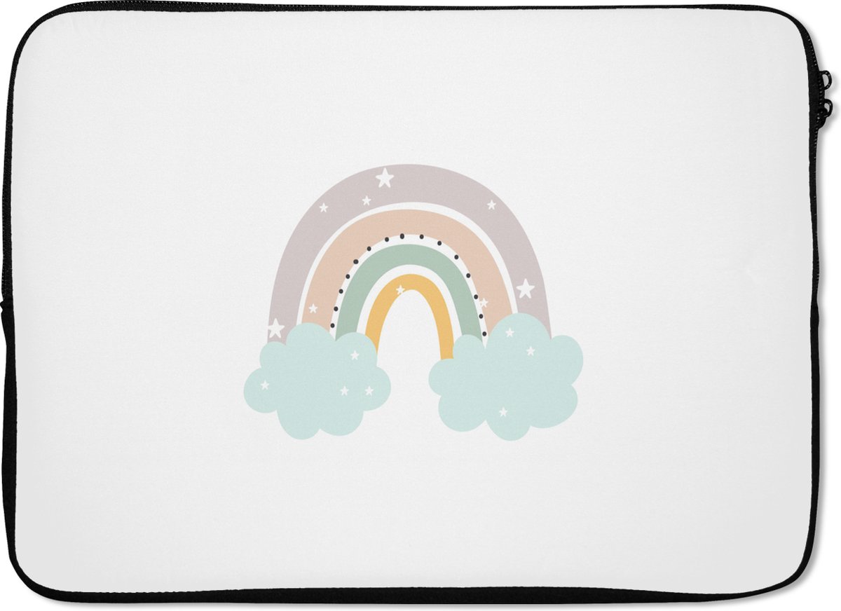 Laptophoes 14 inch - Regenboog - Sterren - Stippen - Wolken - Kinderen - Laptop sleeve - Binnenmaat 33x23 cm - Zwarte achterkant