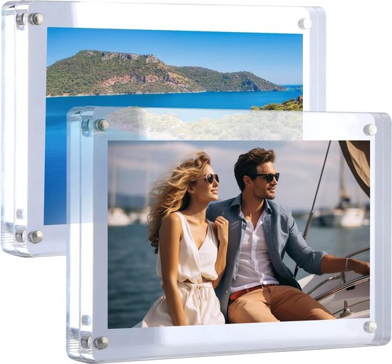Set van 2 acryllijsten 10 + 10 mm dik frameloze heldere fotolijst dubbelzijdig magnetisch vrijstaand acrylframe 6 x 4 inch (15,2 x 10,2 cm)