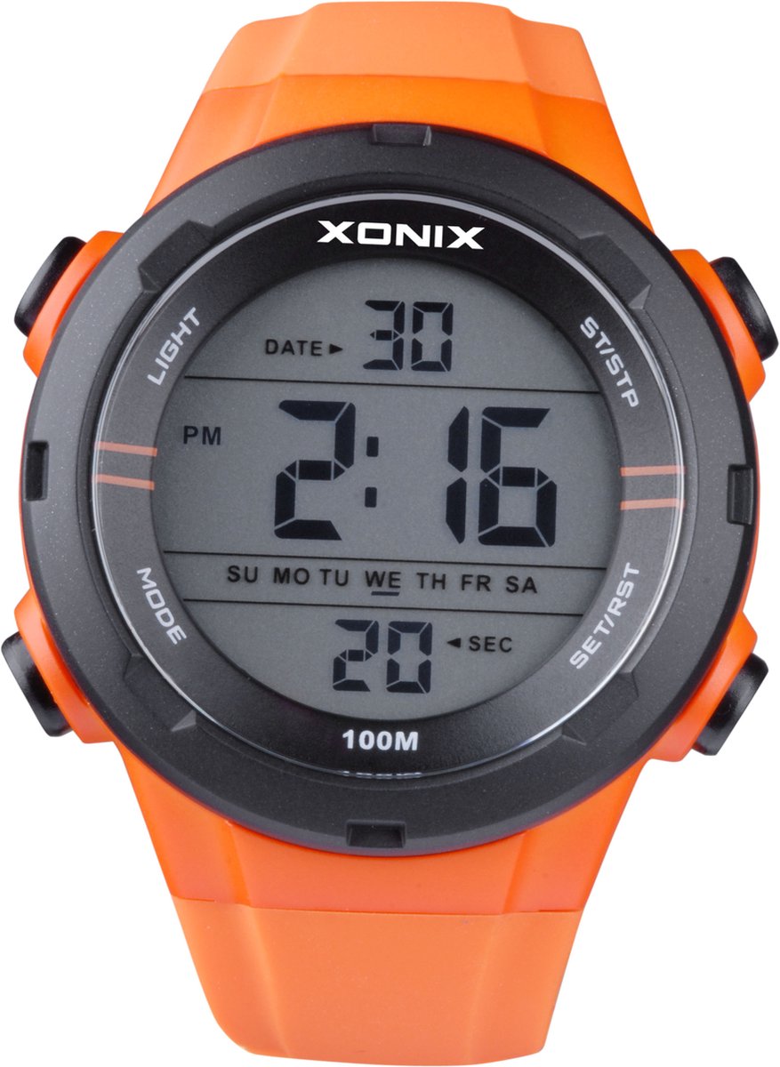 Xonix VZ-A01 - Horloge - Analoog - Heren - Mannen - Rond - Siliconen band - ABS - Cijfers - Achtergrondverlichting - Alarm - Start-Stop - Chronograaf - Tweede tijdzone - 12-24 - Waterdicht - Oranje - Zwart - 10ATM